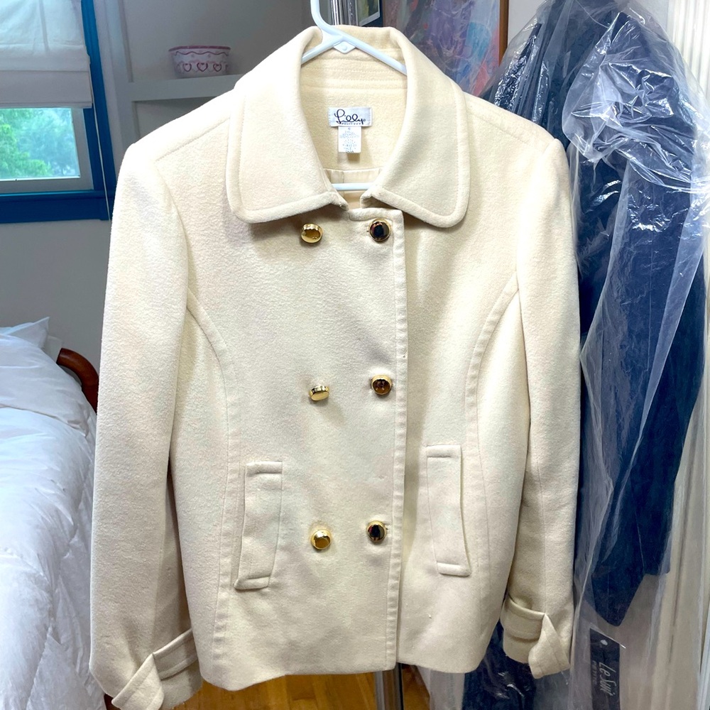 Lilly Pulitzer cream six gold button light peacoat